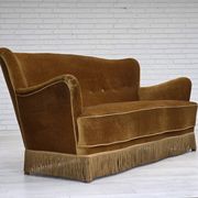 1960s, Danish 3-seater sofa, honey-yellow furniture velour, beech wood.