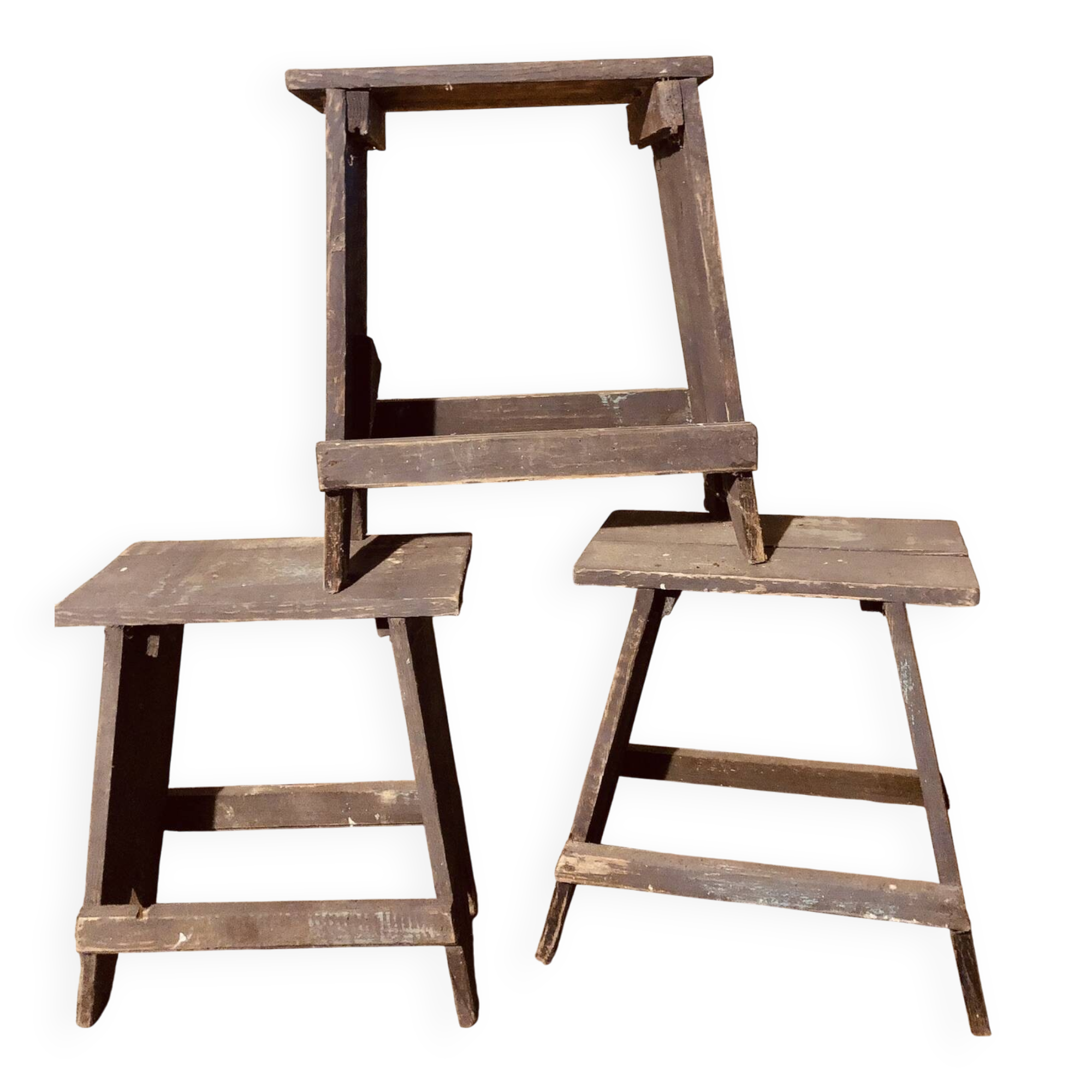 3 low blue-grey stools