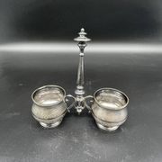 Double salt dish, silver metal, round base, socket, engraved decor, table decoration, chic, hallmark