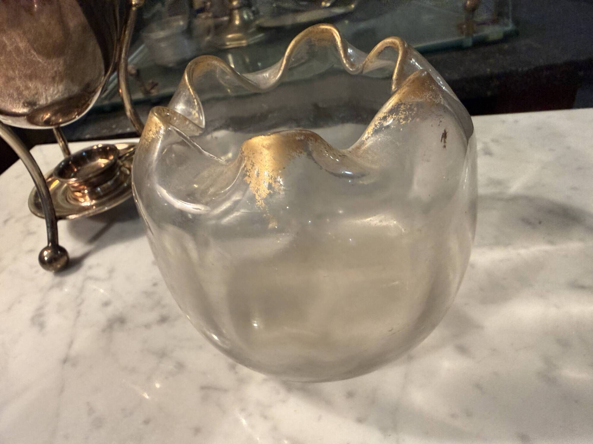 Frosted blown glass round vase with wavy neck, circa 1890-1910.