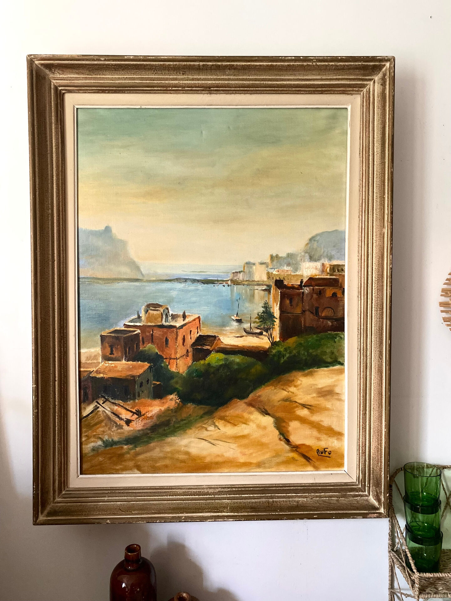 Old oil on canvas, Mediterranean port scene signed Rufo.