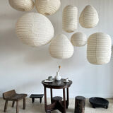 Suspension in rattan and natural japanese linen in the shape of a drop