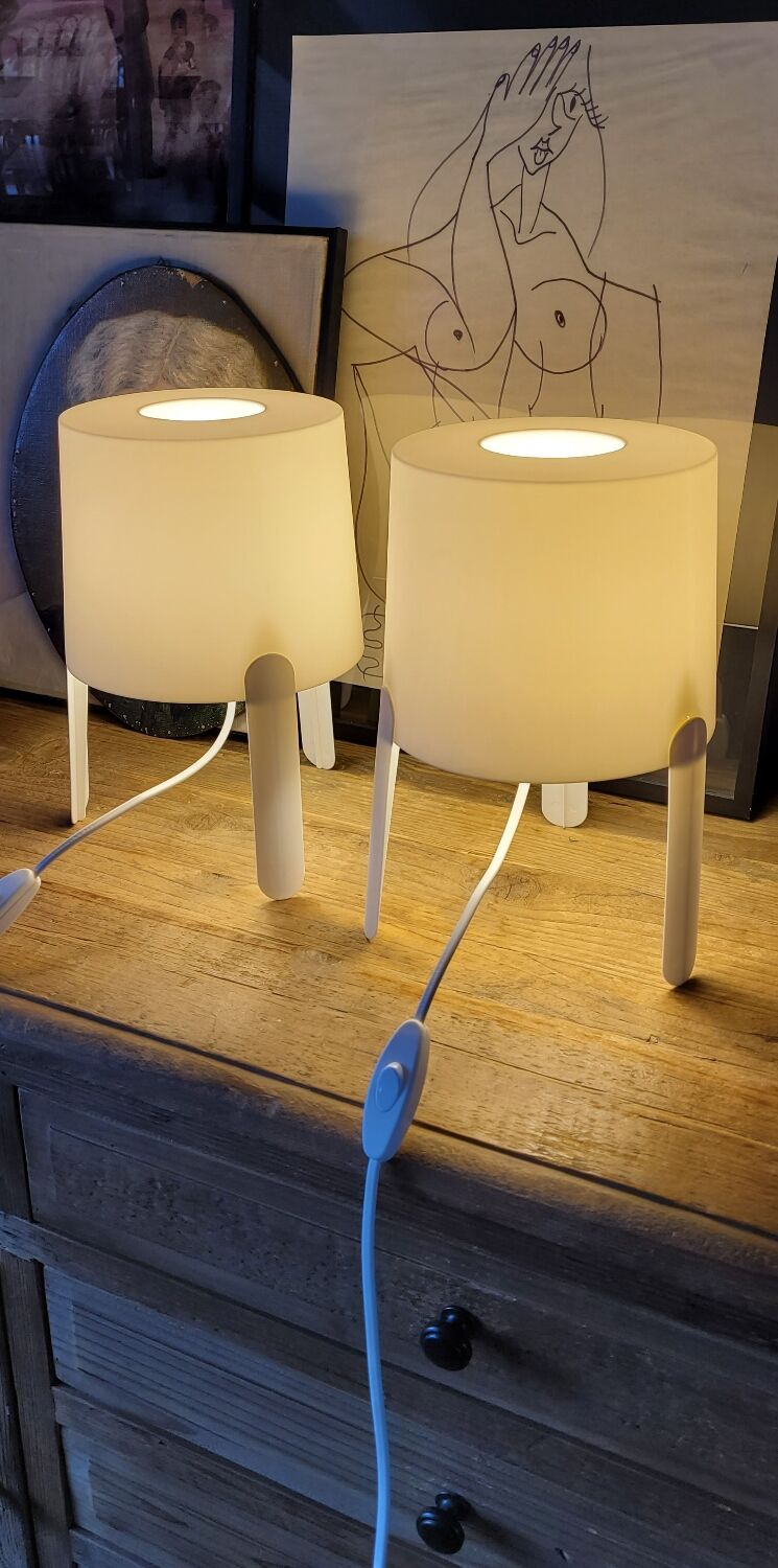 Pair of white Ikea Tvärs bedside lamps
