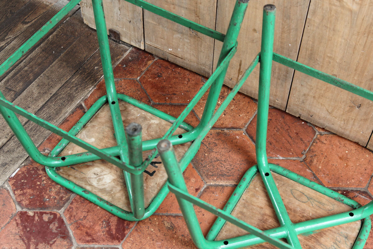 Pair of industrial stools, wood and metal