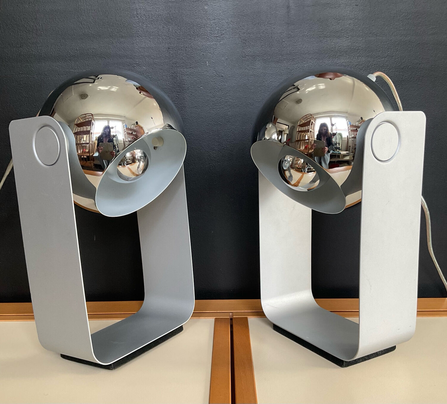 Pair of Eyeball lamps in chrome metal and aluminium