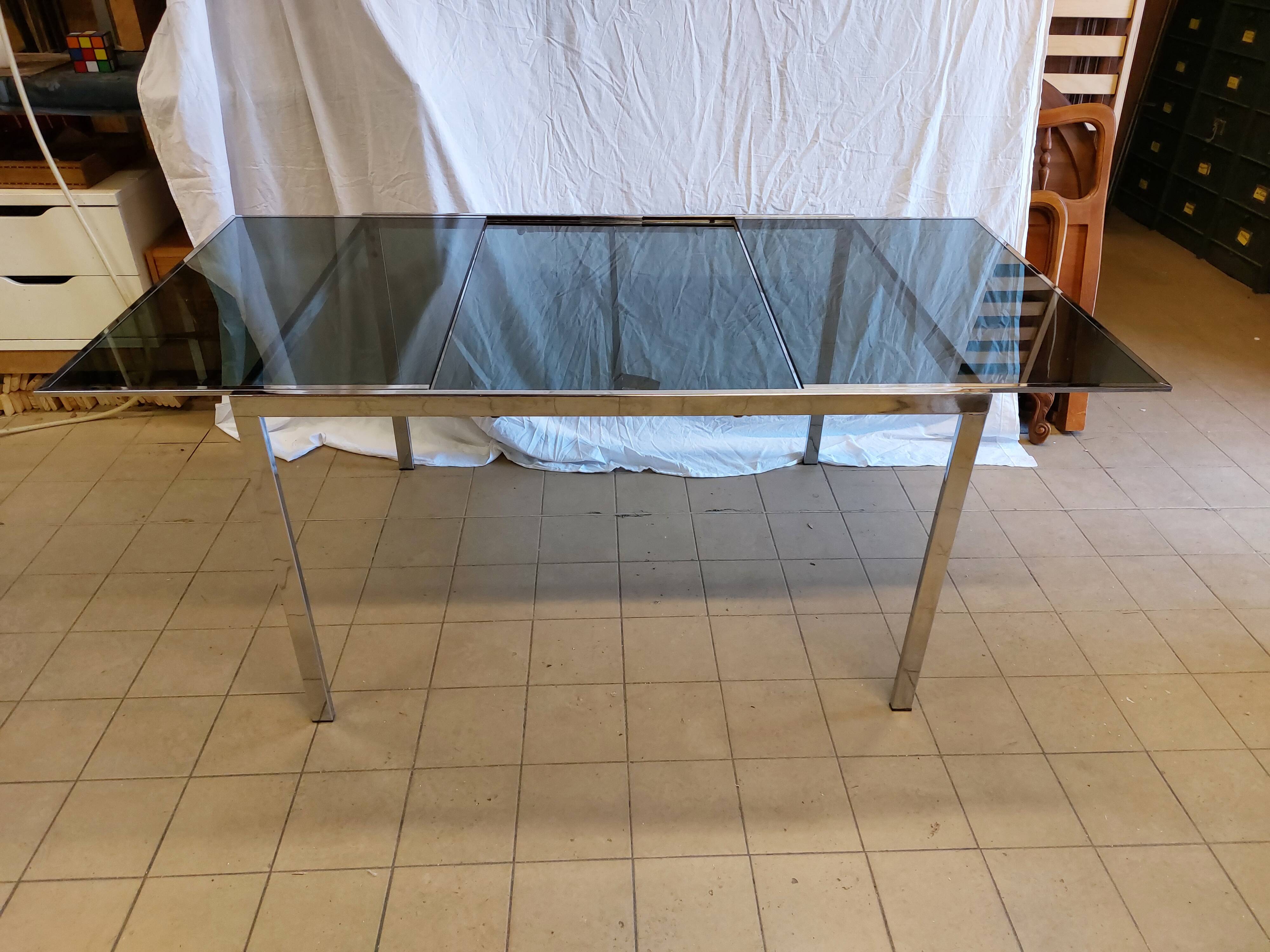 Table vintage extensible verre teinté et chrome Milo Baughman - Années 70
