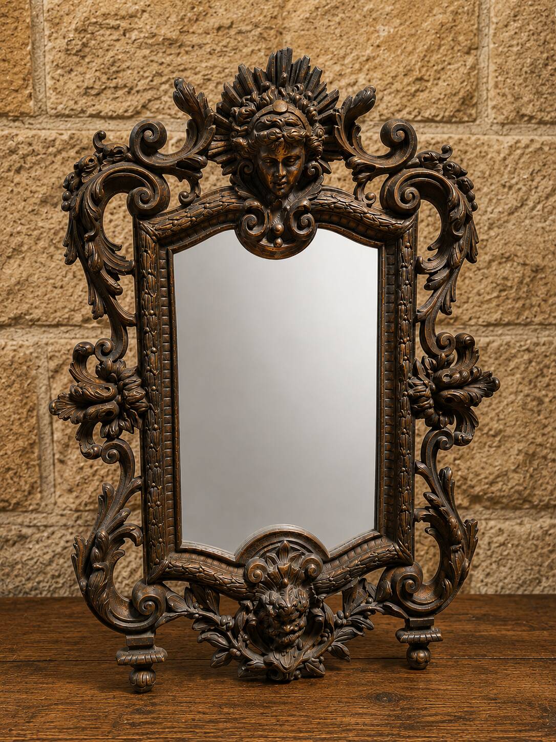 Richly chiselled bronze table mirror – neo-Renaissance style, 19th century