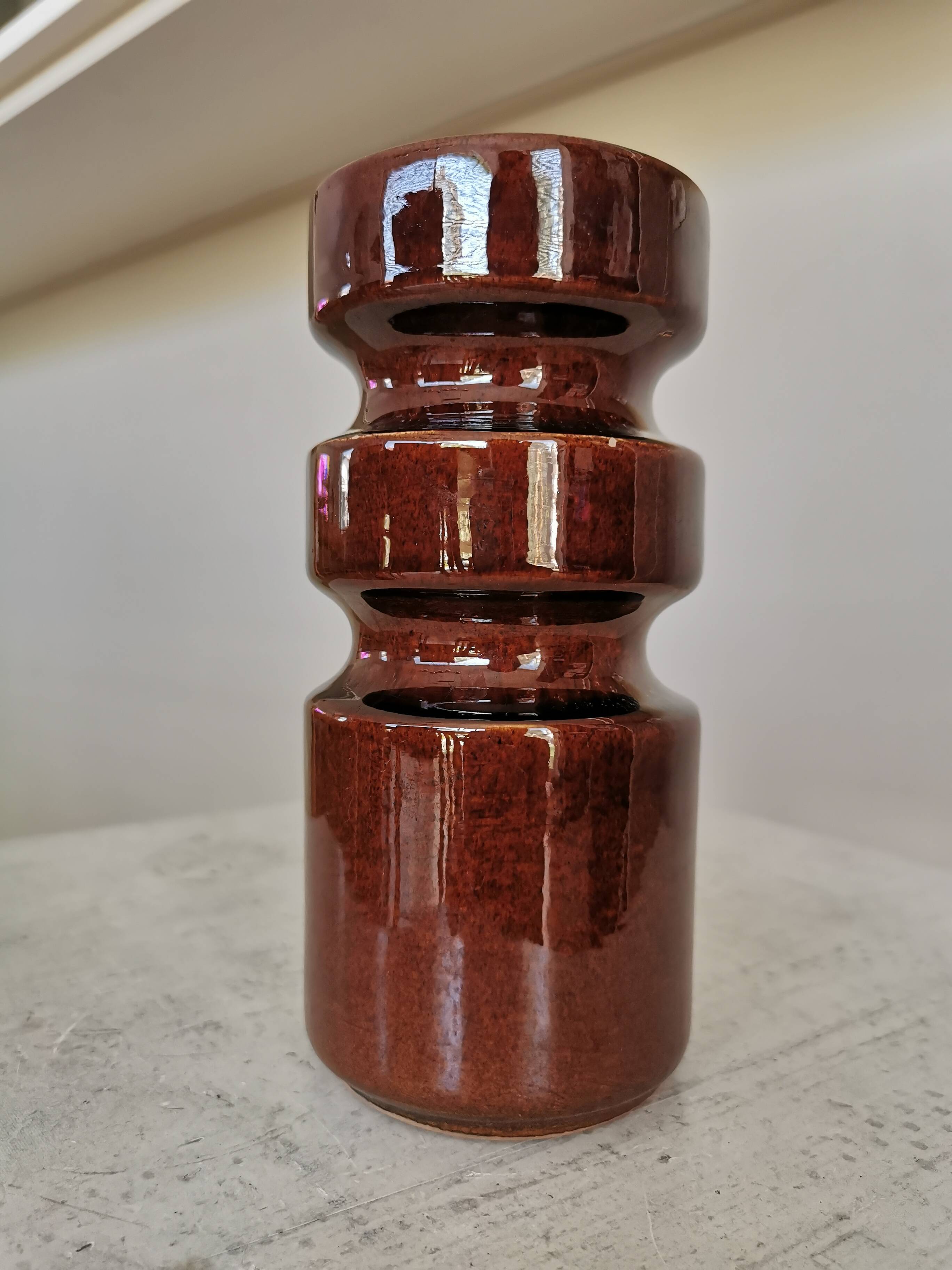 Mid-Century Modern Ceramic Vase: Glossy Brown West German Style, 6.3" Tall