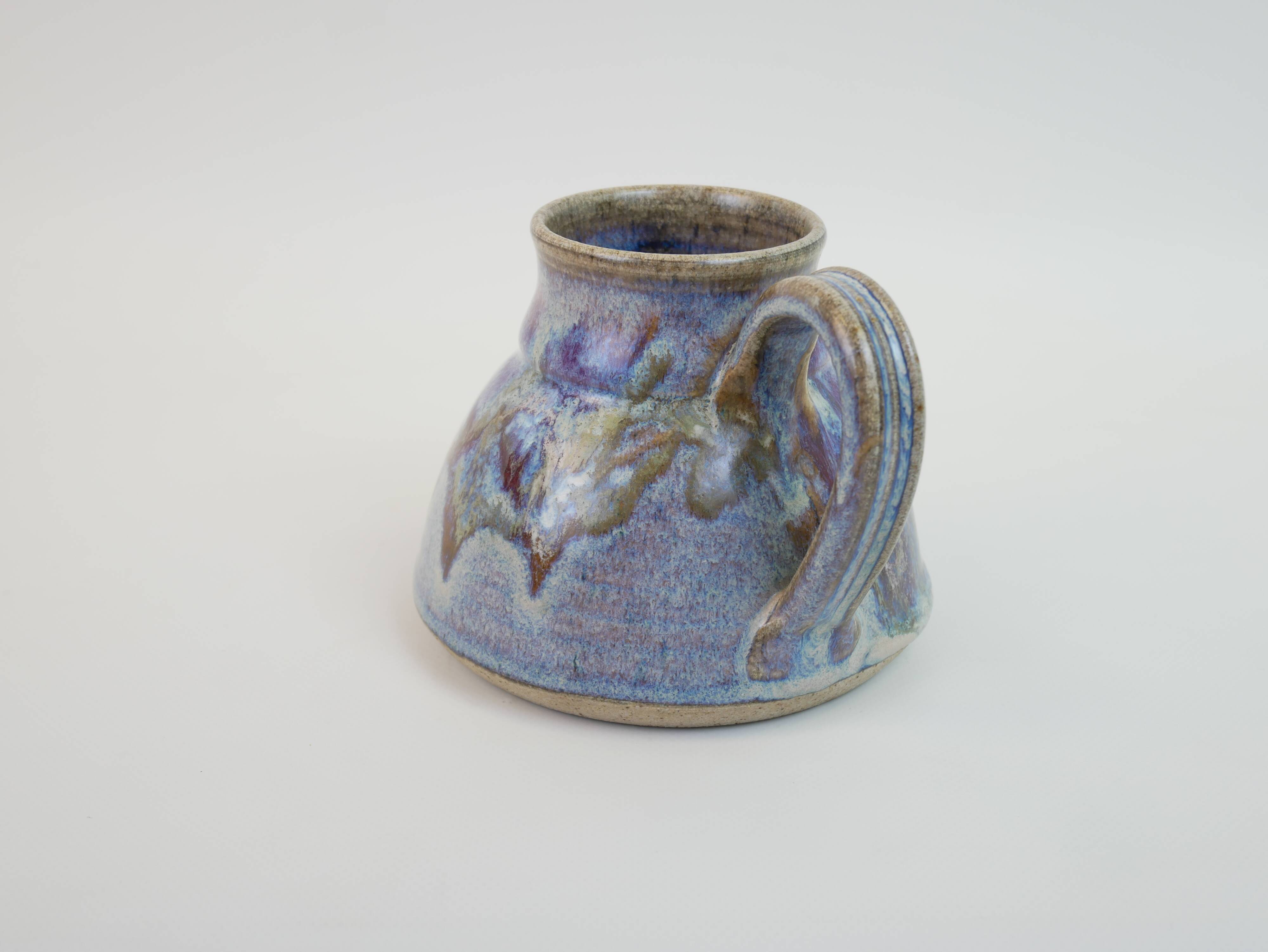 signed blue purple enamel ceramic pitcher