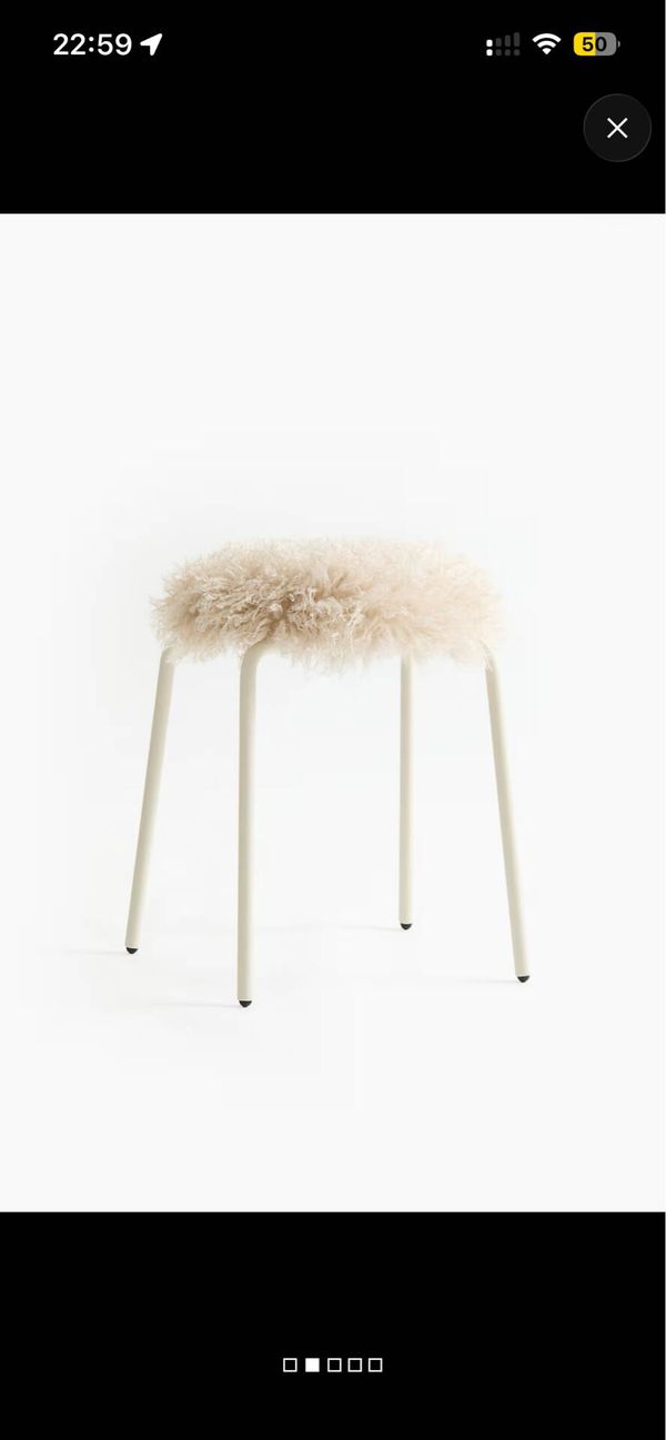 Tabouret rond beige écru style vintage moumoute et pieds métal