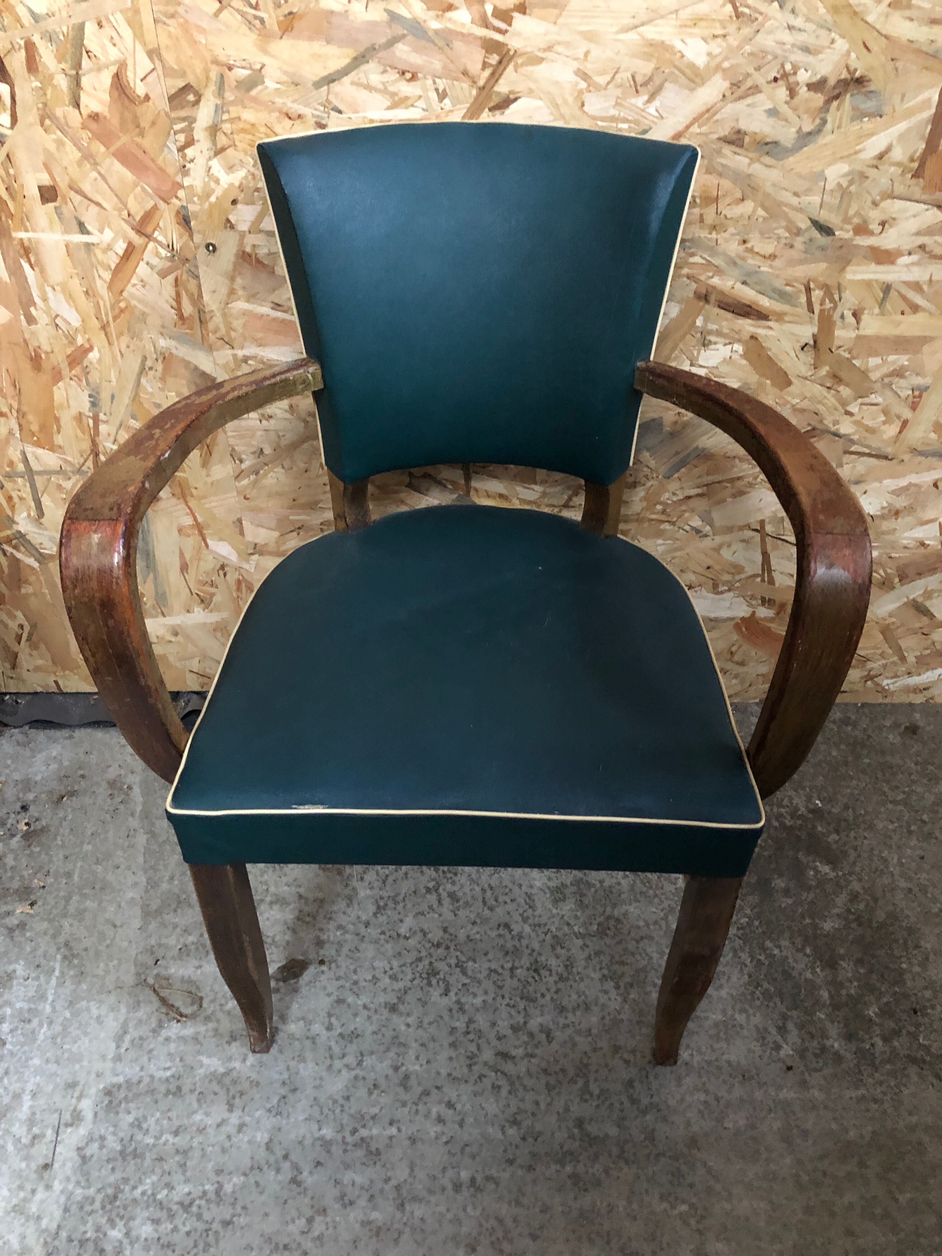 Old wooden bridge armchair + seat & back skaï vintage green