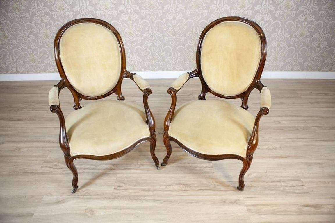 Set of Antique Walnut Chairs in Beige Upholstery, 1890s