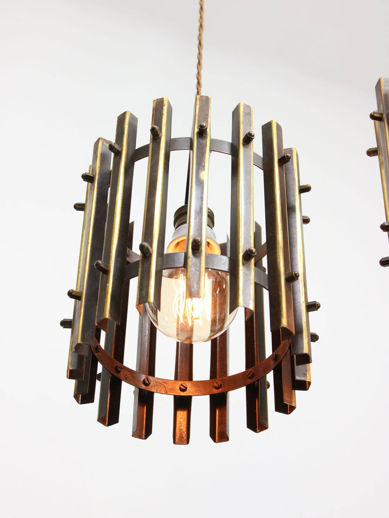 Vintage Italian Brass Cage Pendant Lamps, 1970s, set of 2