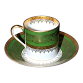 Tasse litron ancienne en porcelaine de Limoges - décor vert et frise d'or