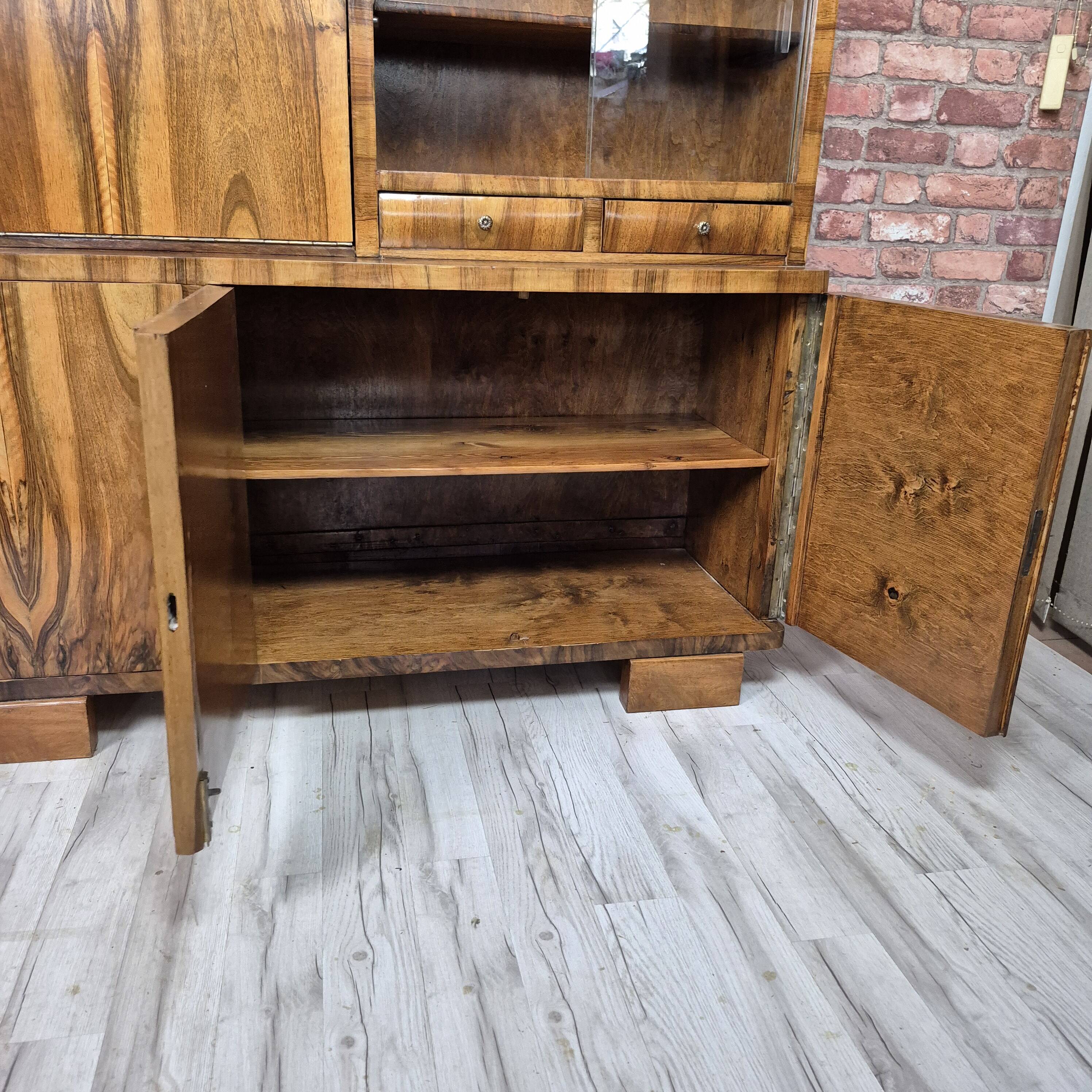 Restored Mid-Century Flame Walnut Highboard with Bar Cabinet - 1960s