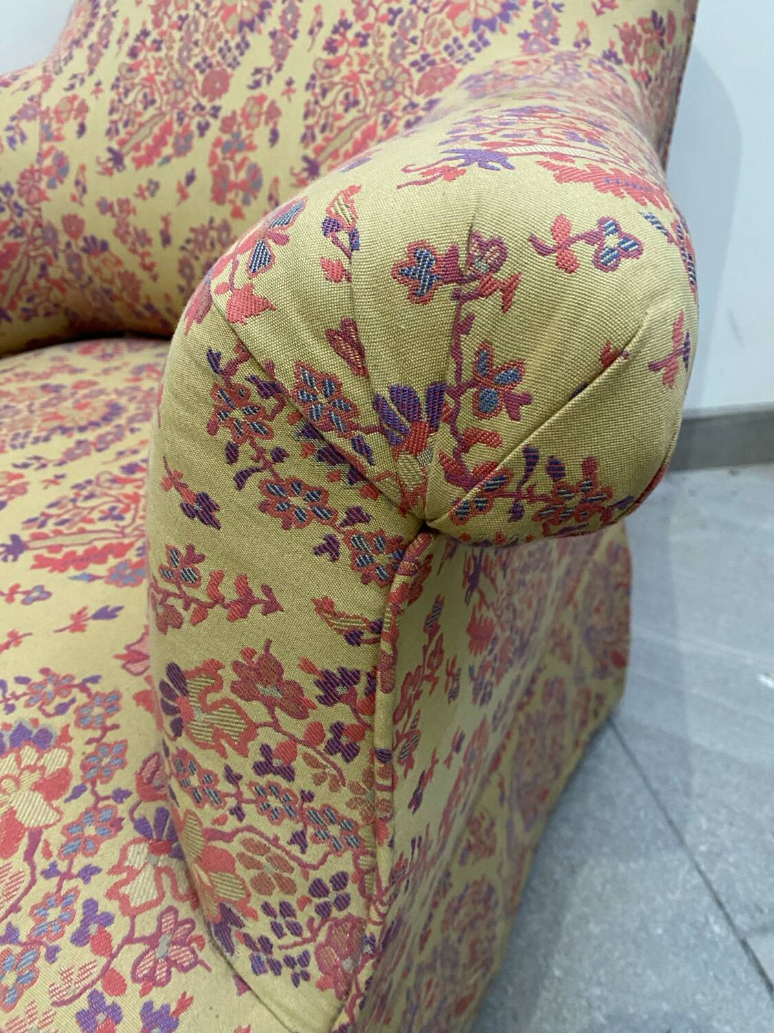 Antique English armchair with Liberty floral tapestry