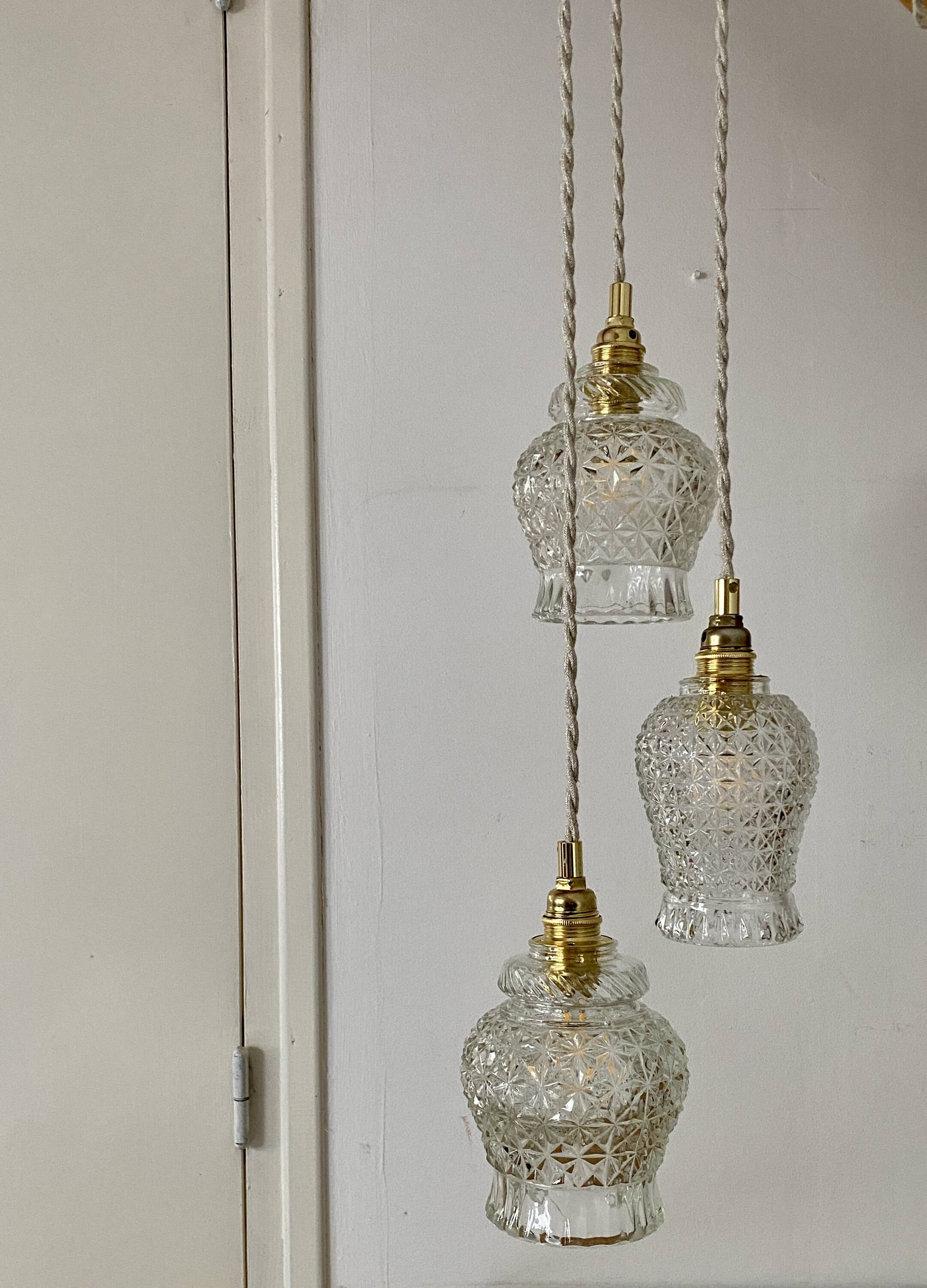 Vintage triple tulip pendant light in molded glass