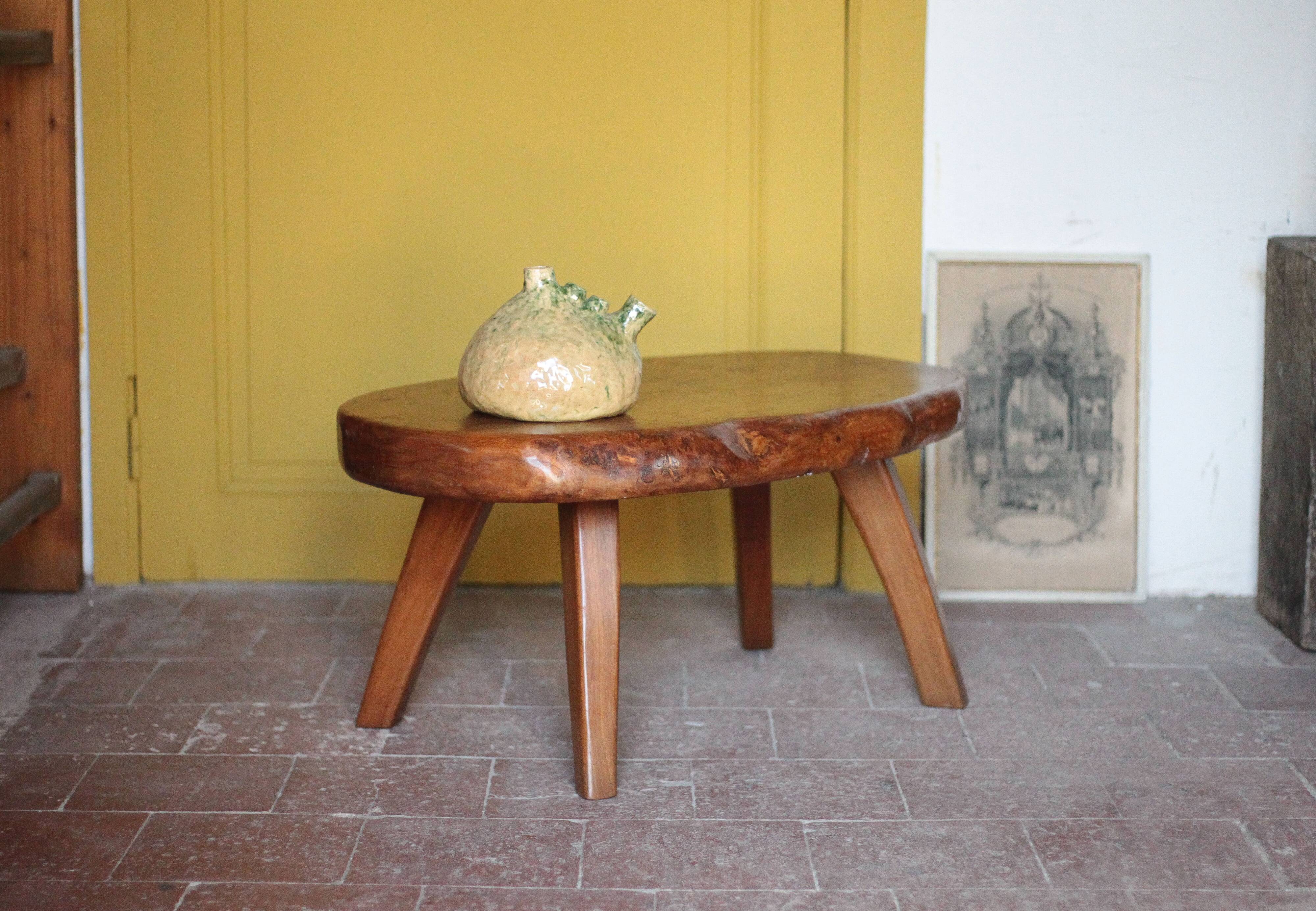 Brutalist coffee table made of elm burl, interior decor, living room table.