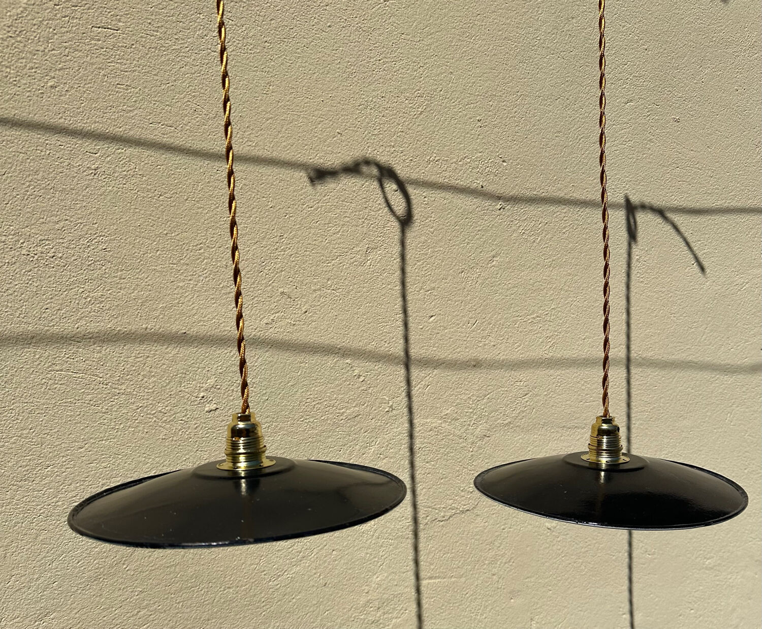 2 vintage enamelled sheet metal pendant lights
