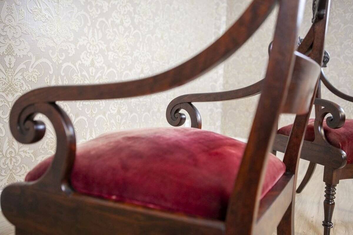 Set of Empire Mahogany Armchairs in Red Upholstery, 19th Century