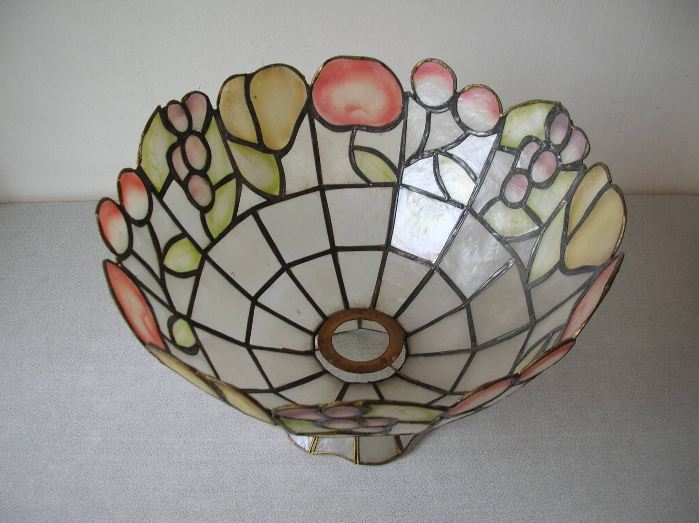 Old large mother-of-pearl brass lampshade stained glass style fruit decor 31 cm