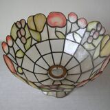 Old large mother-of-pearl brass lampshade stained glass style fruit decor 31 cm