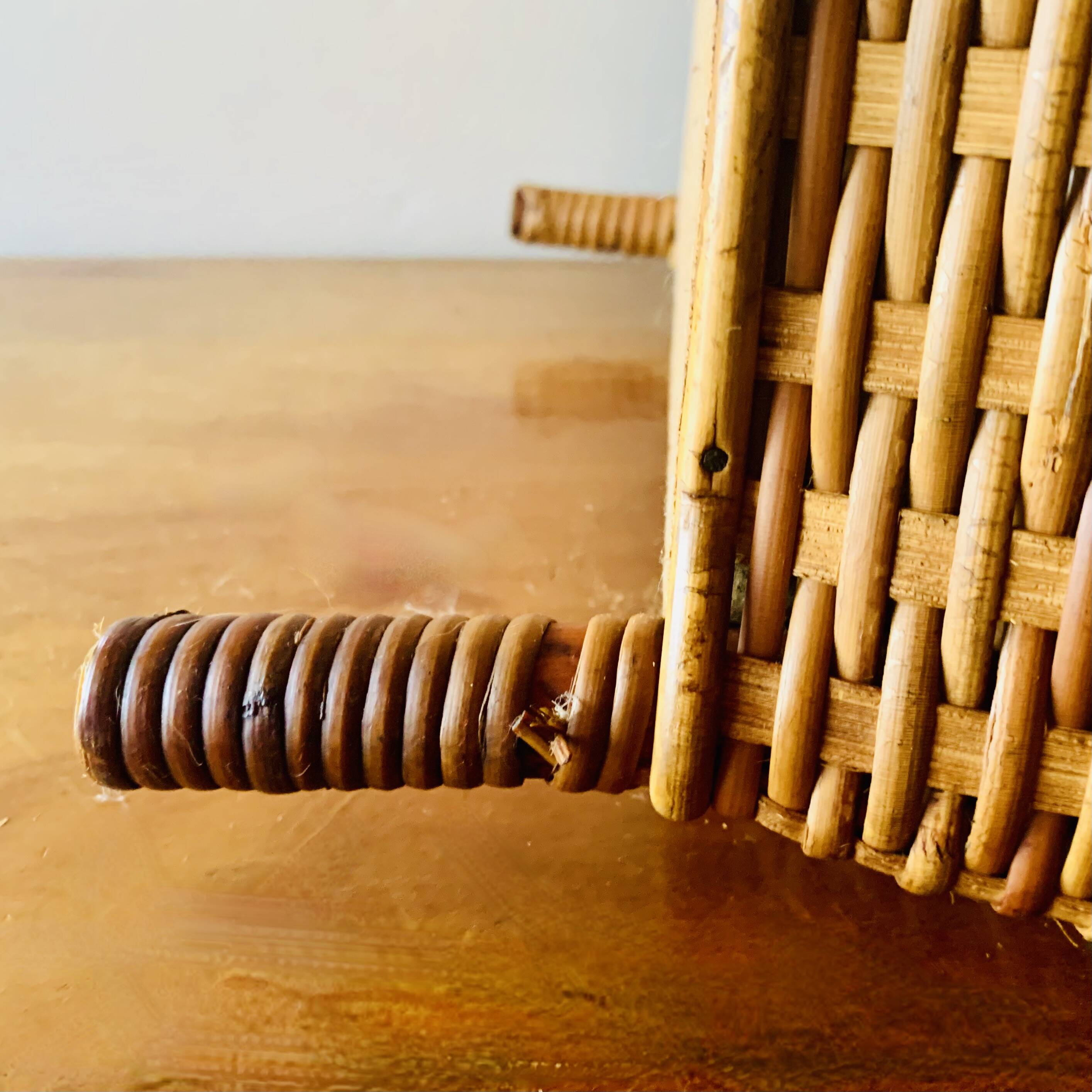 Large vintage rattan and wicker sewing basket with fabric seat