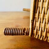 Large vintage rattan and wicker sewing basket with fabric seat