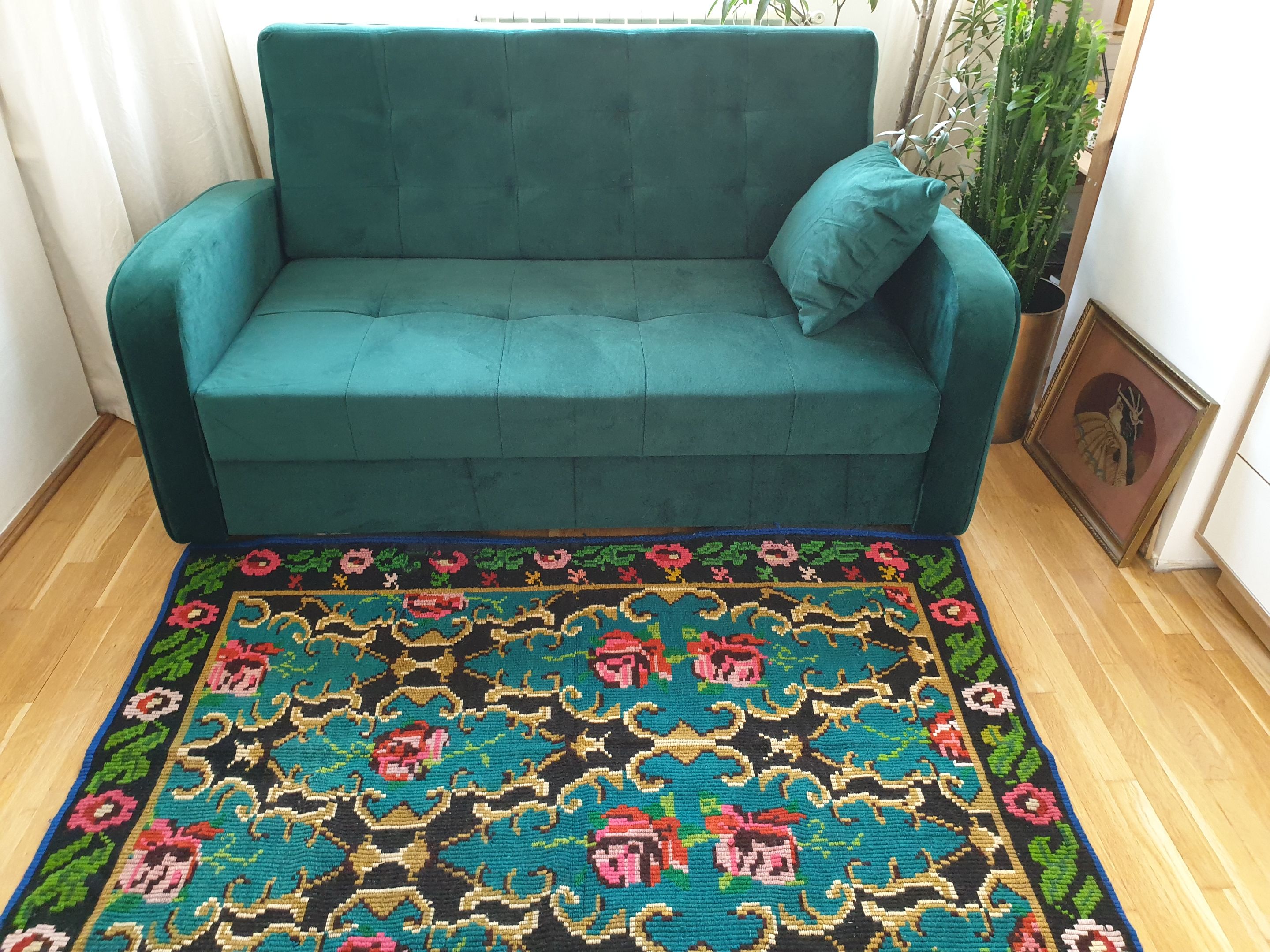 Bohemian blue handwoven carpet with roses made in Romania