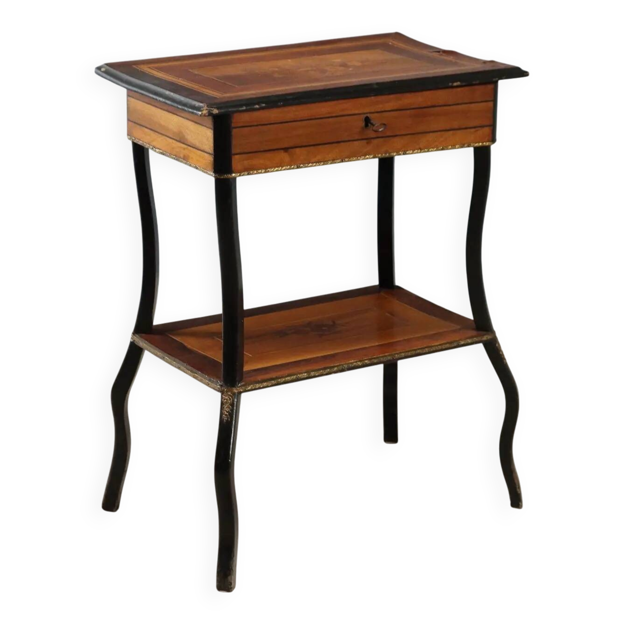 Antique sewing table in various types of wood, 19th century.