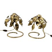 Hollywood regency set of 2 brass leaves table lamps, Bottega Gadda Italy, 1970s
