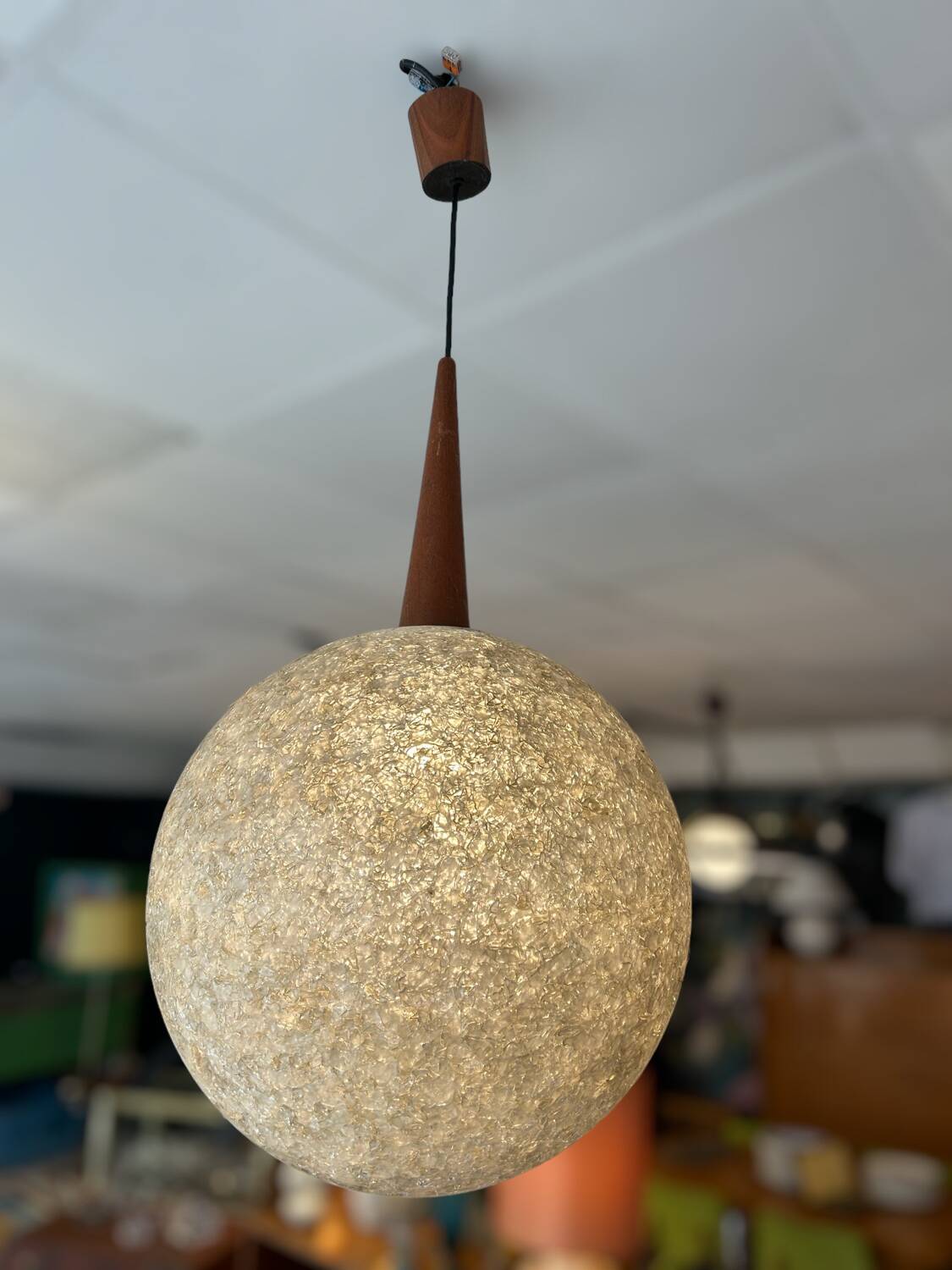 Resin and teak ball pendant light