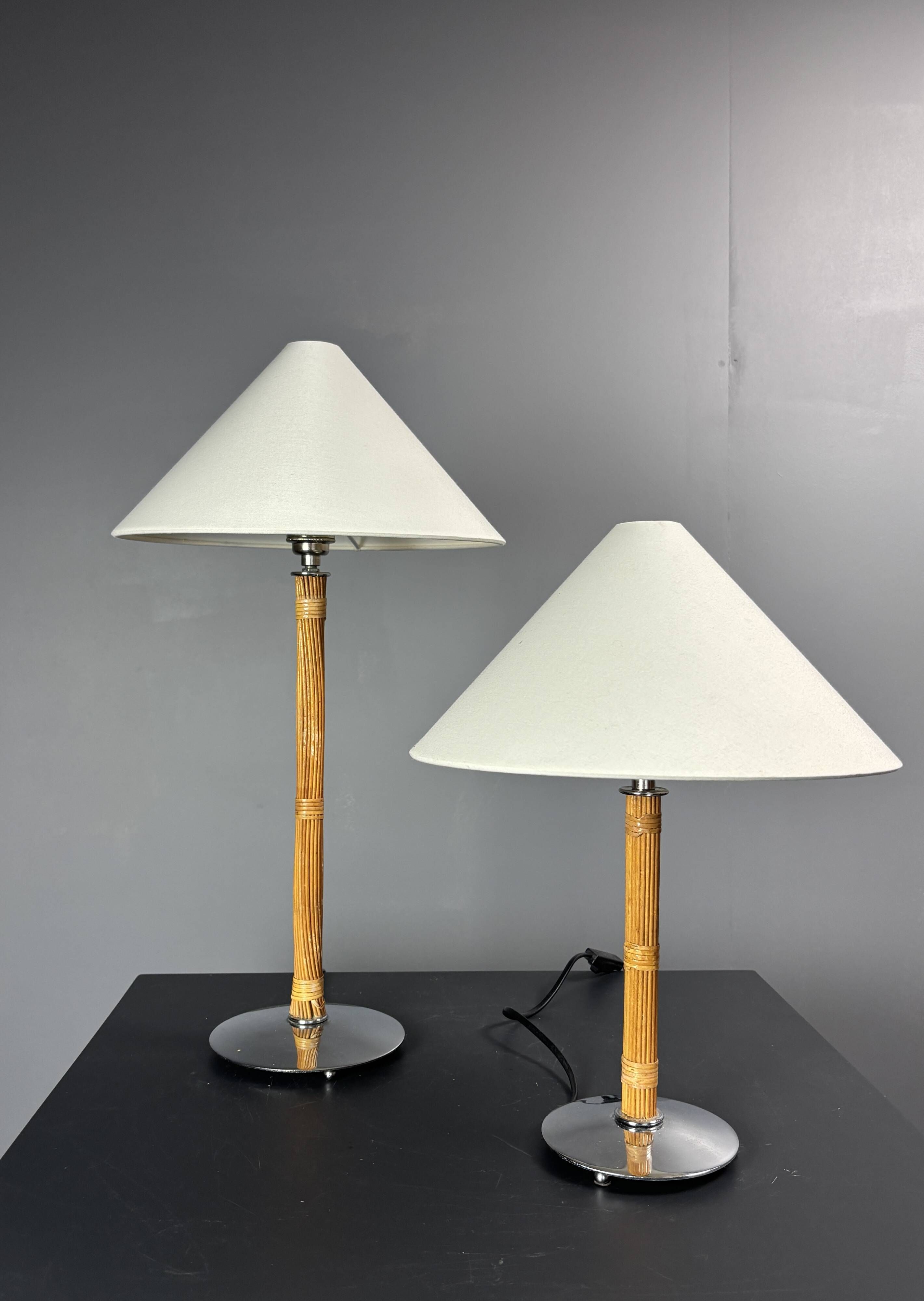 Set of 2 pencil reed rattan bamboo and chrome table lamps, 1980s