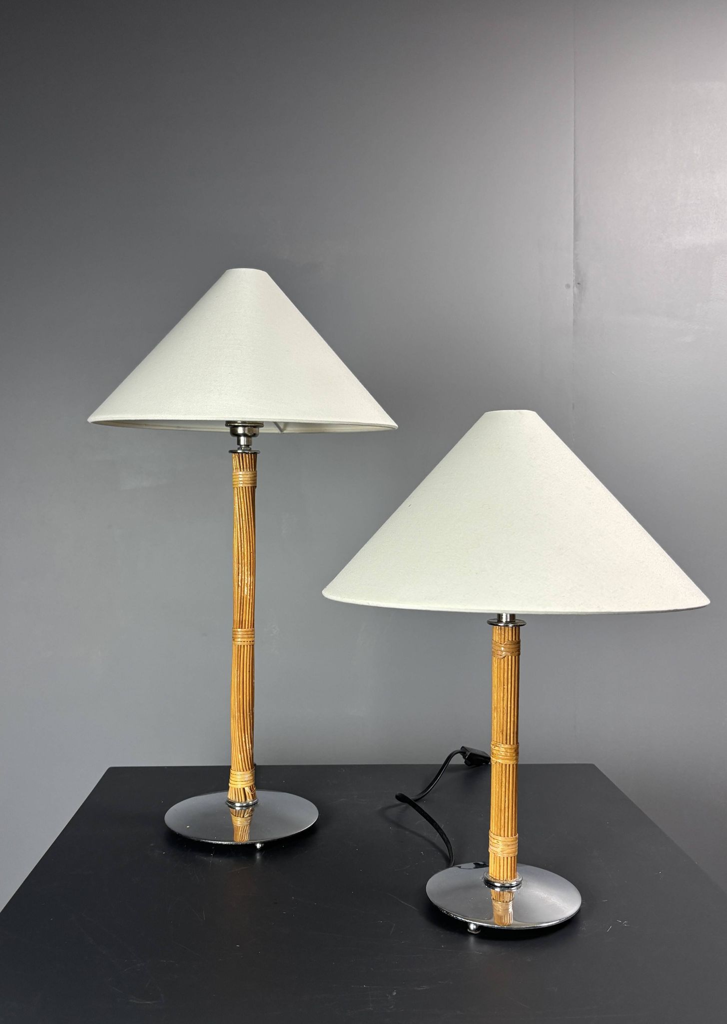 Set of 2 pencil reed rattan bamboo and chrome table lamps, 1980s