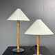 Set of 2 pencil reed rattan bamboo and chrome table lamps, 1980s