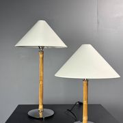 Set of 2 pencil reed rattan bamboo and chrome table lamps, 1980s