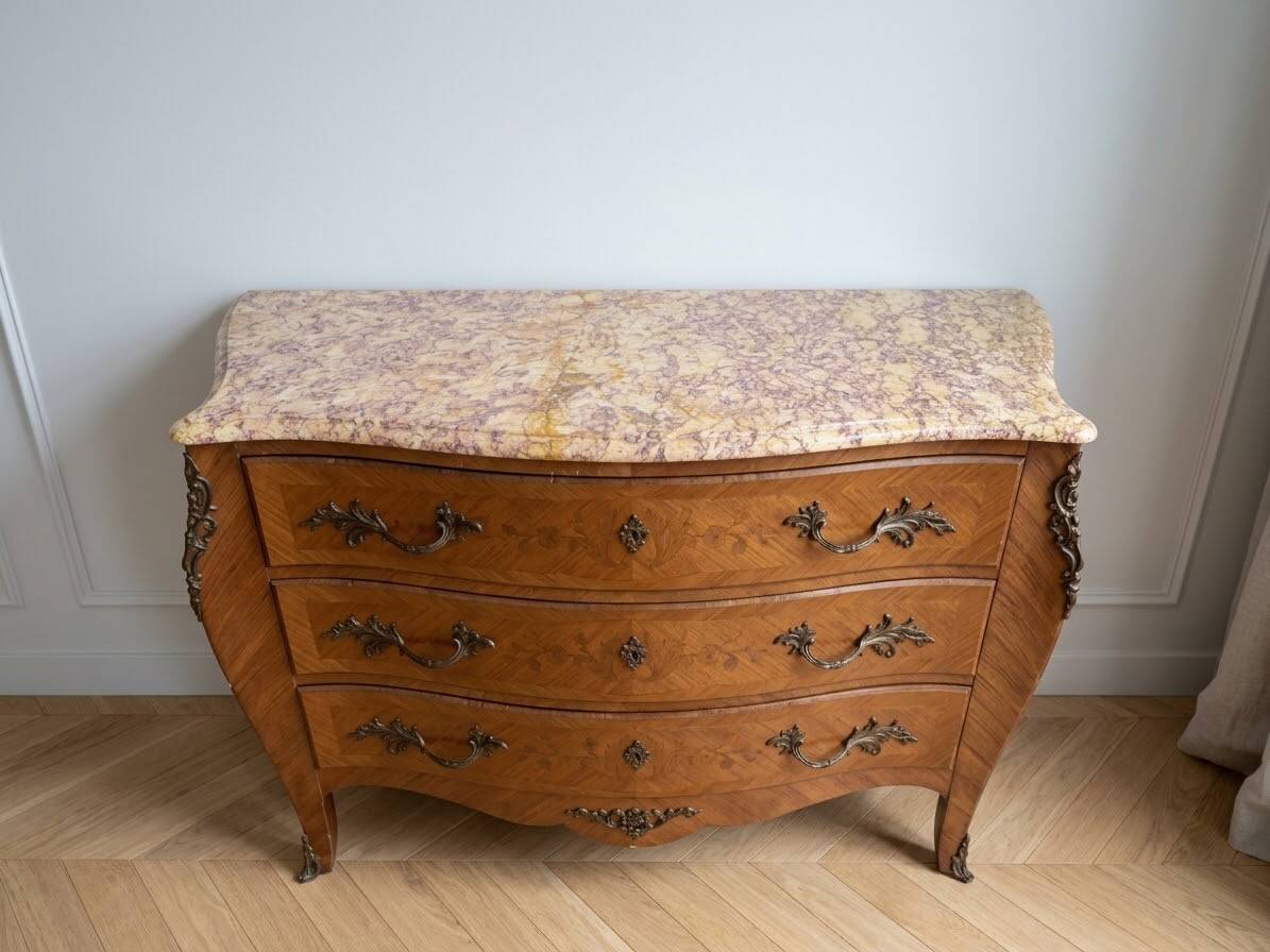 Louis XV style commode in marquetry and marble