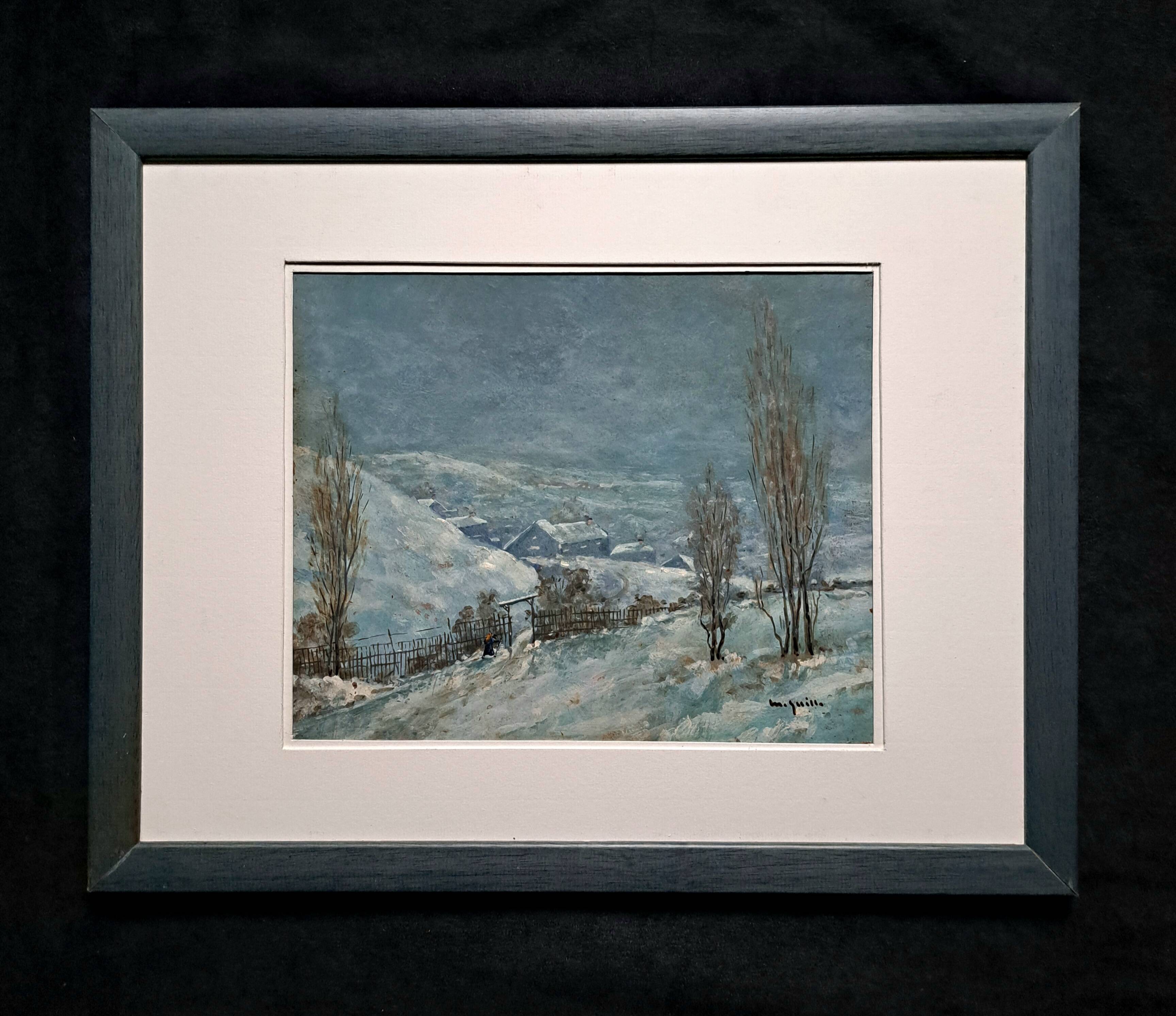 Impressionist painting - oil on panel signed - winter landscape - 20th century
