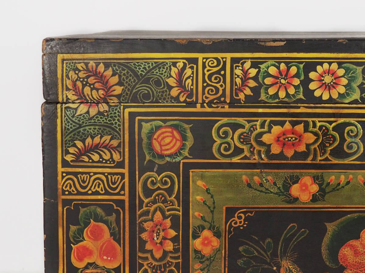 Antique wooden trunk with peony illustrations (China, circa 1900) #5