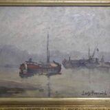 Tableau "barges dans la brume" par Louis Anatole Toussaint