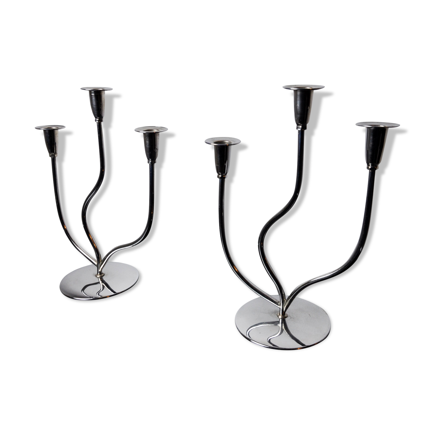 Pair of art deco candlesticks in stainless steel 3 flames, Spain, 1970