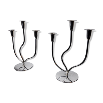 Pair of art deco candlesticks in stainless steel 3 flames, Spain, 1970