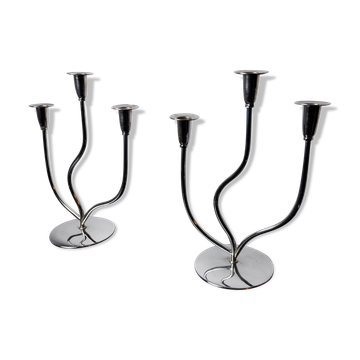 Pair of art deco candlesticks in stainless steel 3 flames, Spain, 1970
