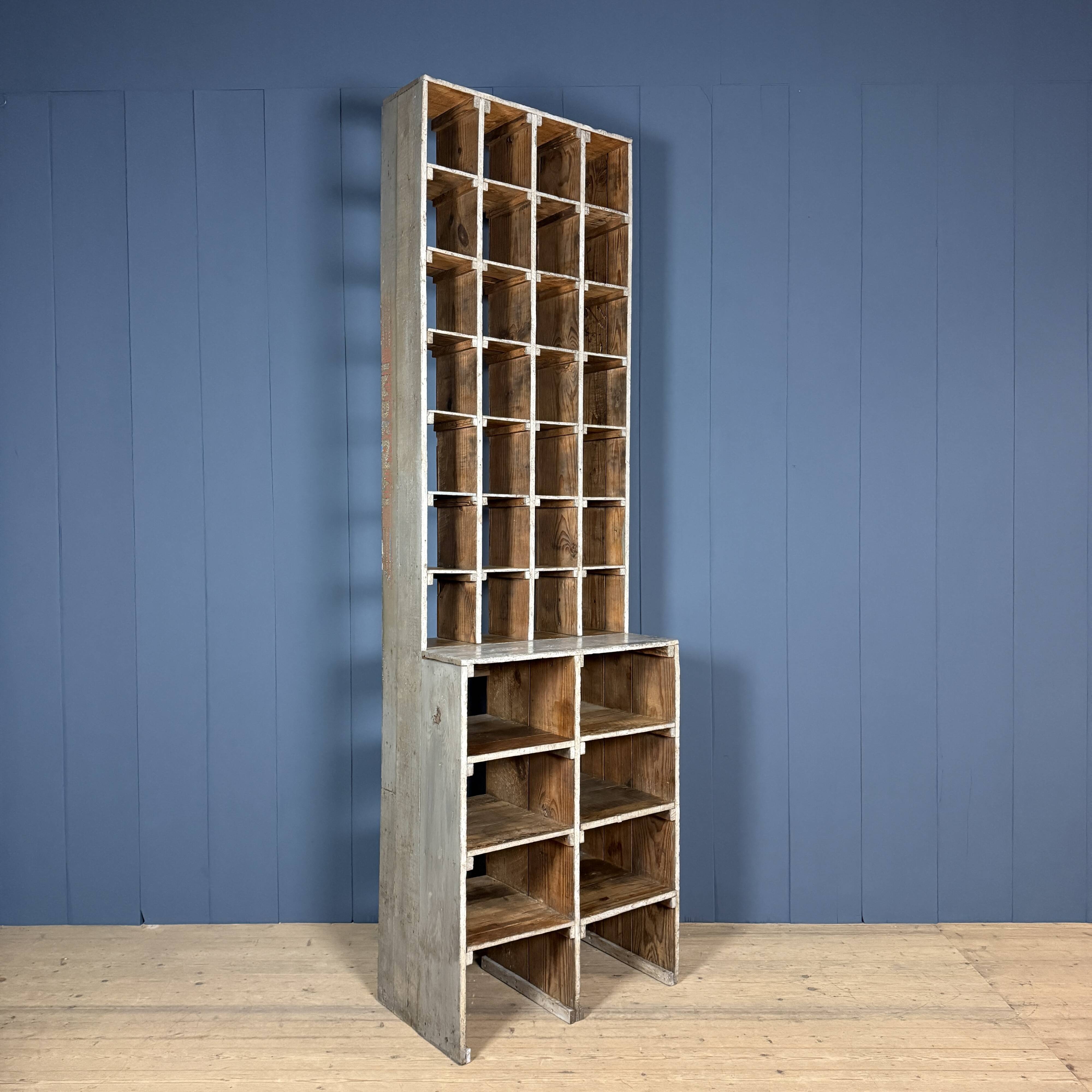 Large old industrial wooden workshop pigeonhole cabinet