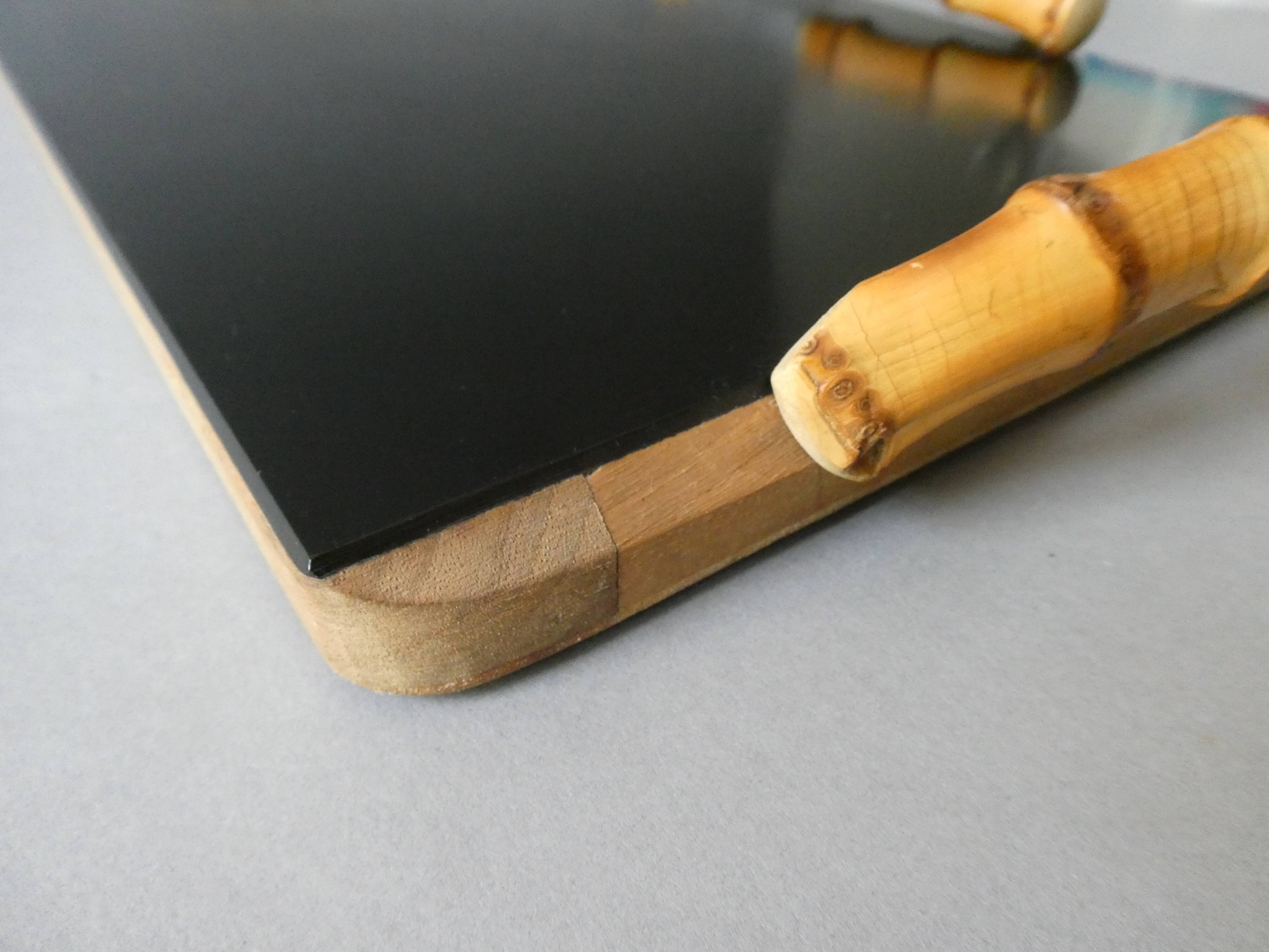 Wooden cheese board, bamboo handles, signed