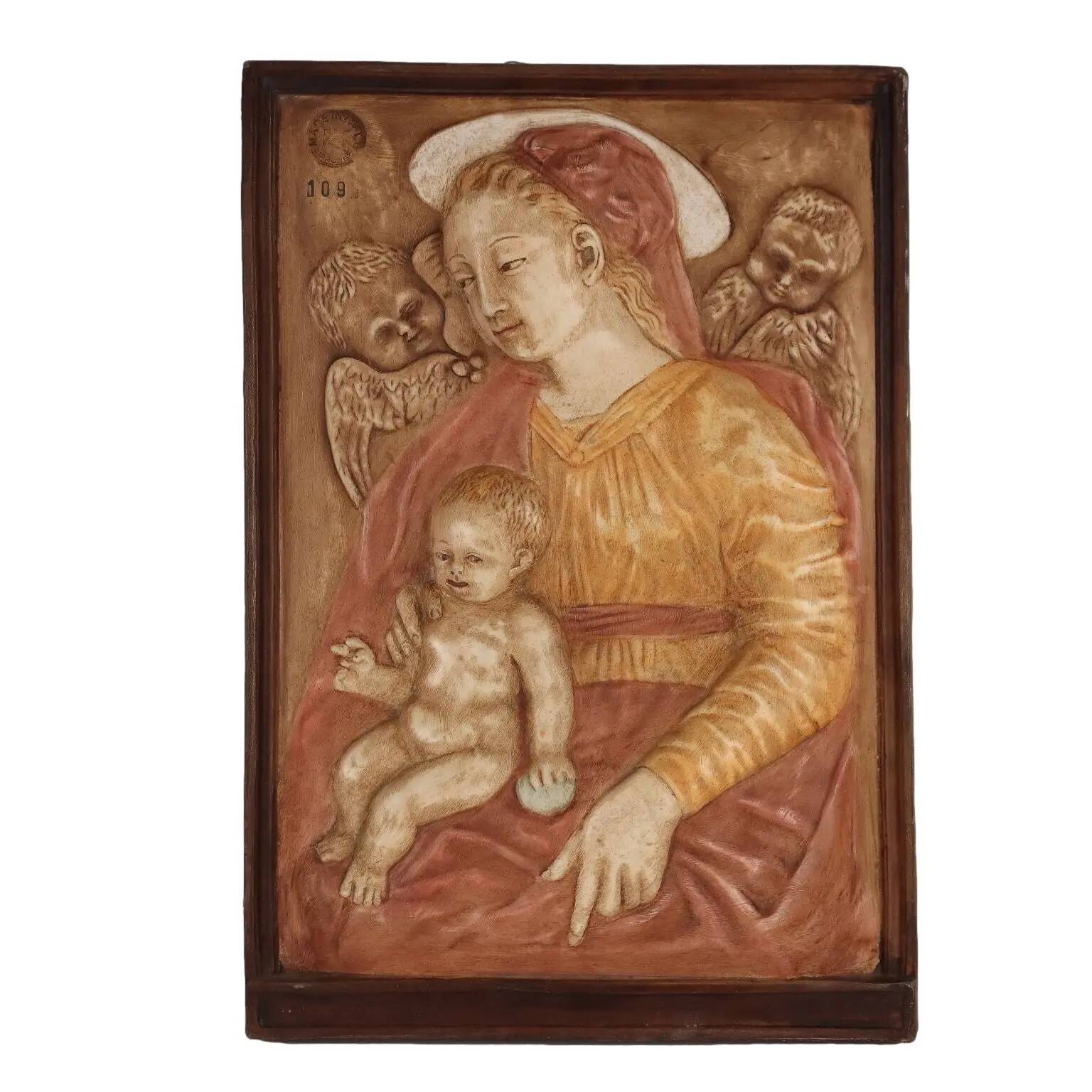 Ancient sculpture of the Virgin Mary Italy '900 bas-relief painting in plaster