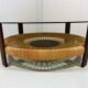 Table basse ronde avec verre fumé et rotin, années 1960