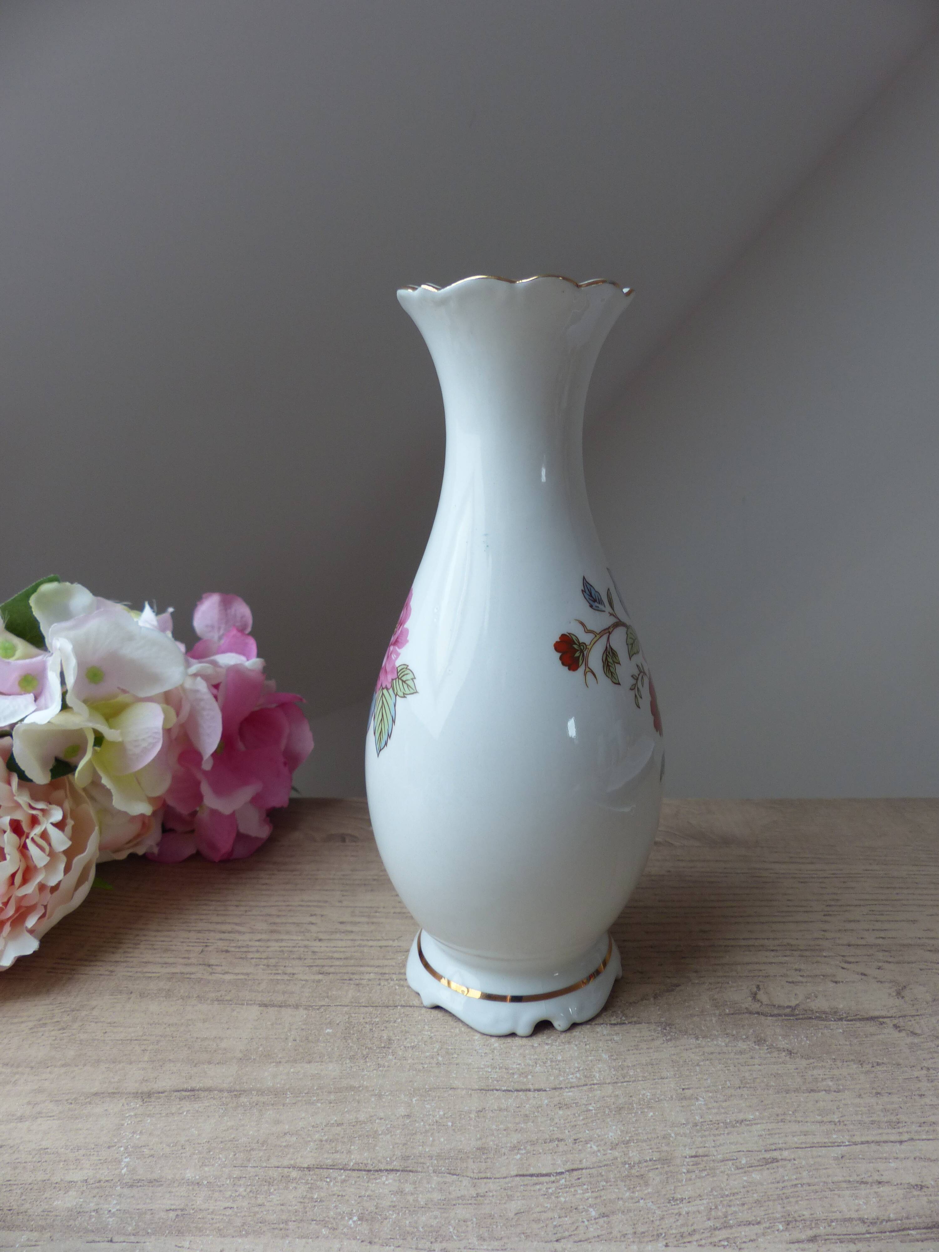 Porcelain vase pink flowers motif made in portugal