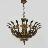 Half-basket chandelier with 5 lights in bronze and Spanish ceramic. 1960s