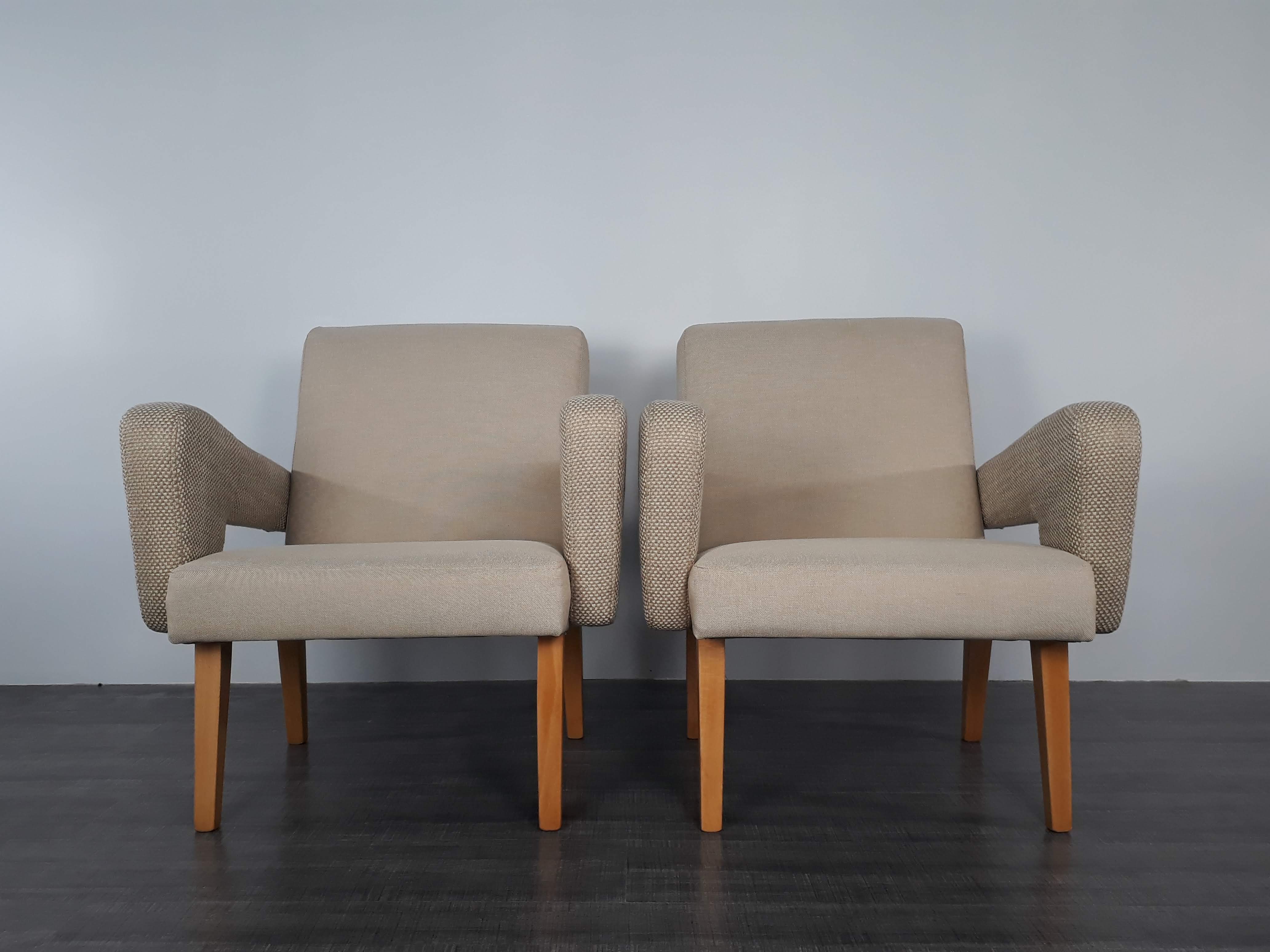 Pair of Jitona armchairs reupholstered Beige Fabric, Czech 1960s